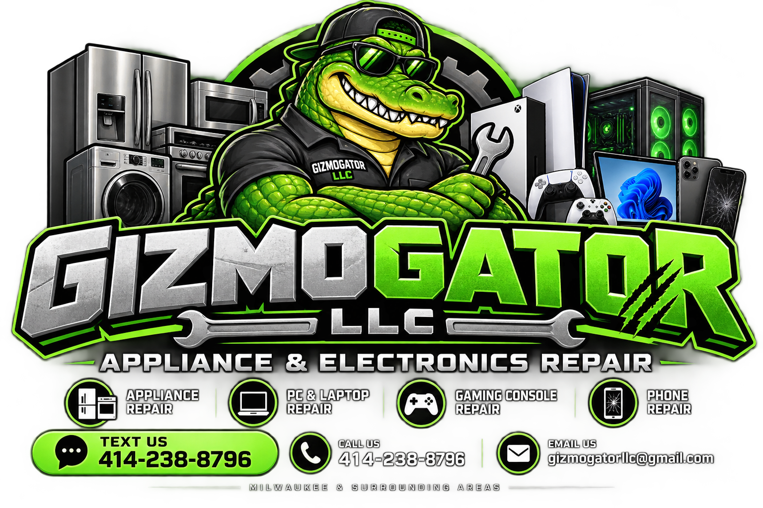 GizmoGator LLC appliance and electronics repair mascot and service logo